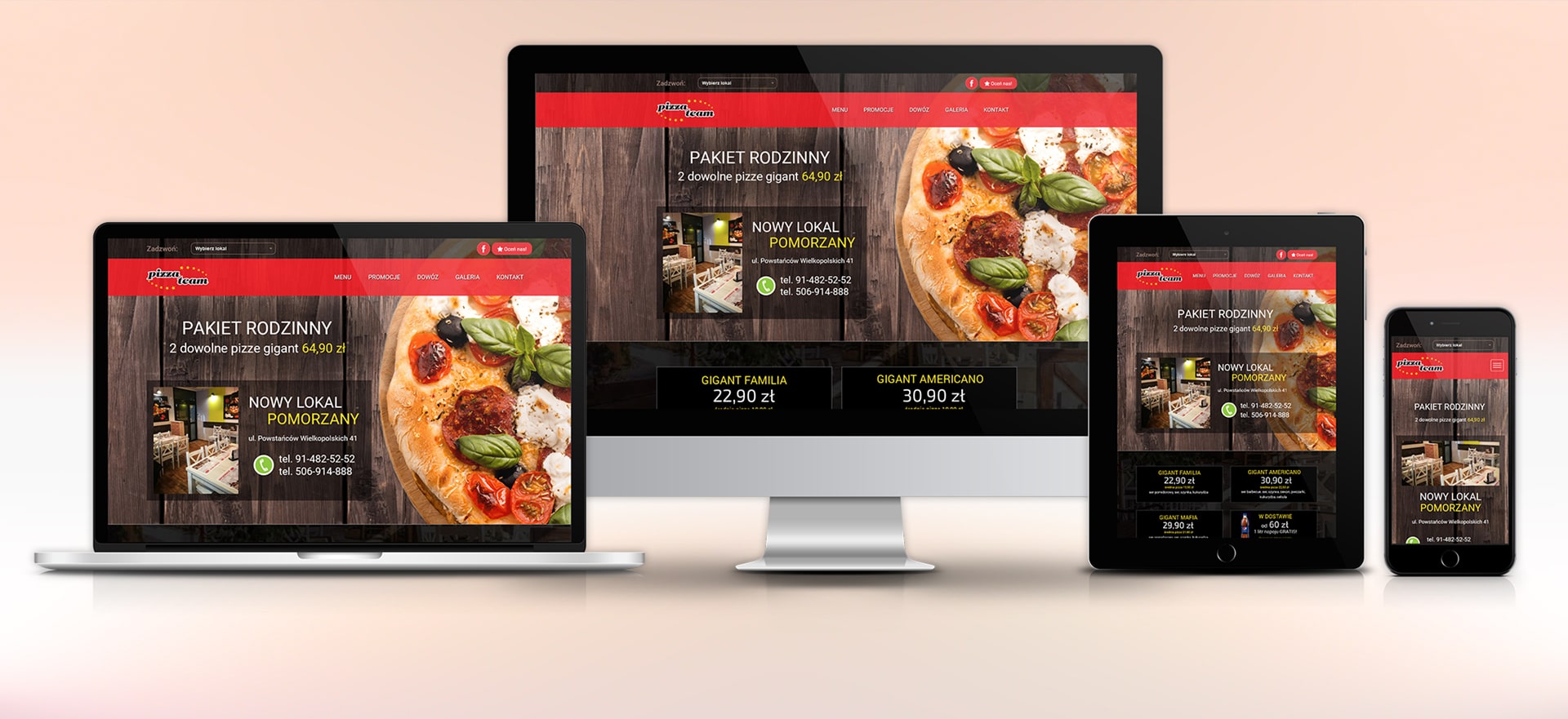 Mockup realizacji Pizza Team